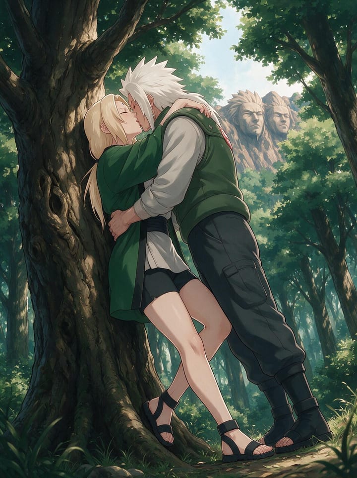 Tsunade from Naruto kissing Jiraiya against a forest tree with her arms around his neck, Hokage Rock behind