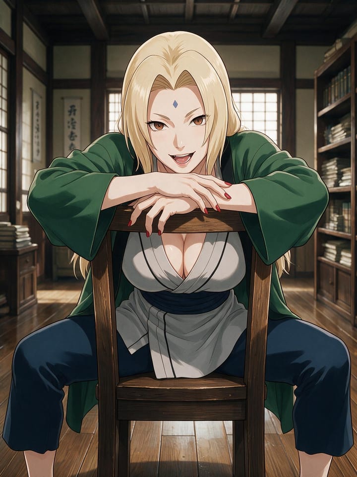 Tsunade from Naruto sitting backwards on a wooden chair in a library, arms crossed on the backrest, laughing