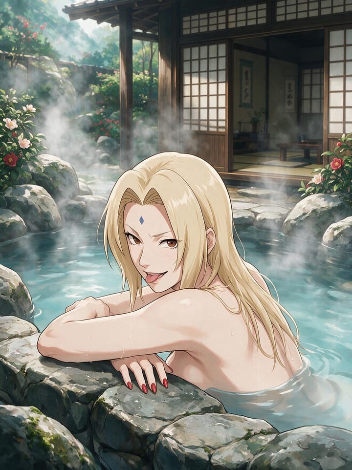 Tsunade from Naruto bathing in a steamy rocky onsen, seen from behind with arms on the stones and tongue out