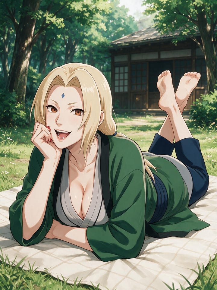 Tsunade from Naruto lying on her stomach on a picnic blanket in a forest, chin in hand, bare feet raised, laughing