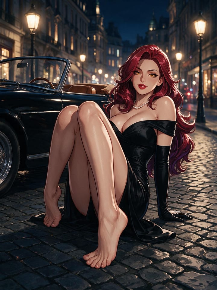 Busty redhead anime girl Valentina in a black off-shoulder dress and long gloves sitting barefoot by a vintage car in Paris