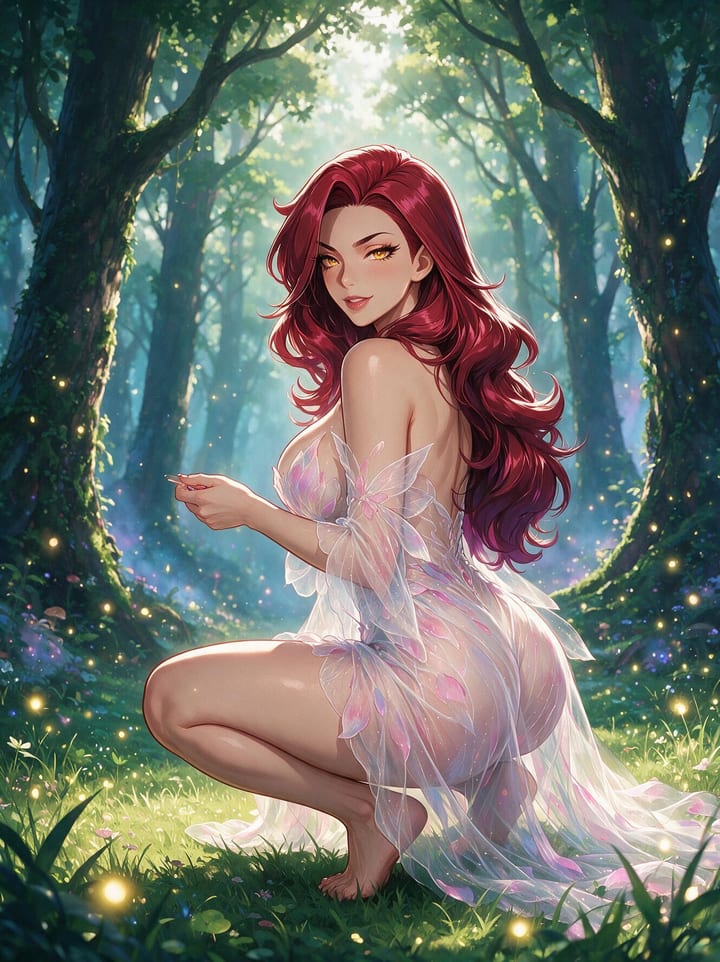 Busty redhead anime fairy Valentina crouching in an enchanted forest in a sheer iridescent petal dress with gossamer wings