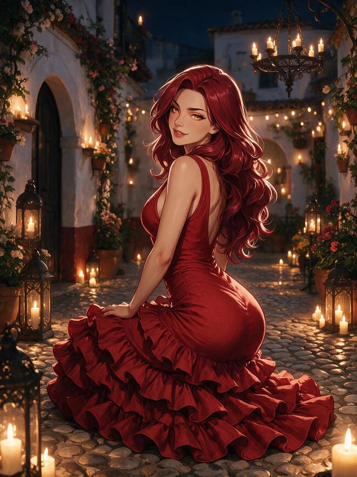 Curvy redhead anime girl Valentina in a ruffled red flamenco dress sitting on cobblestones in a candlelit courtyard