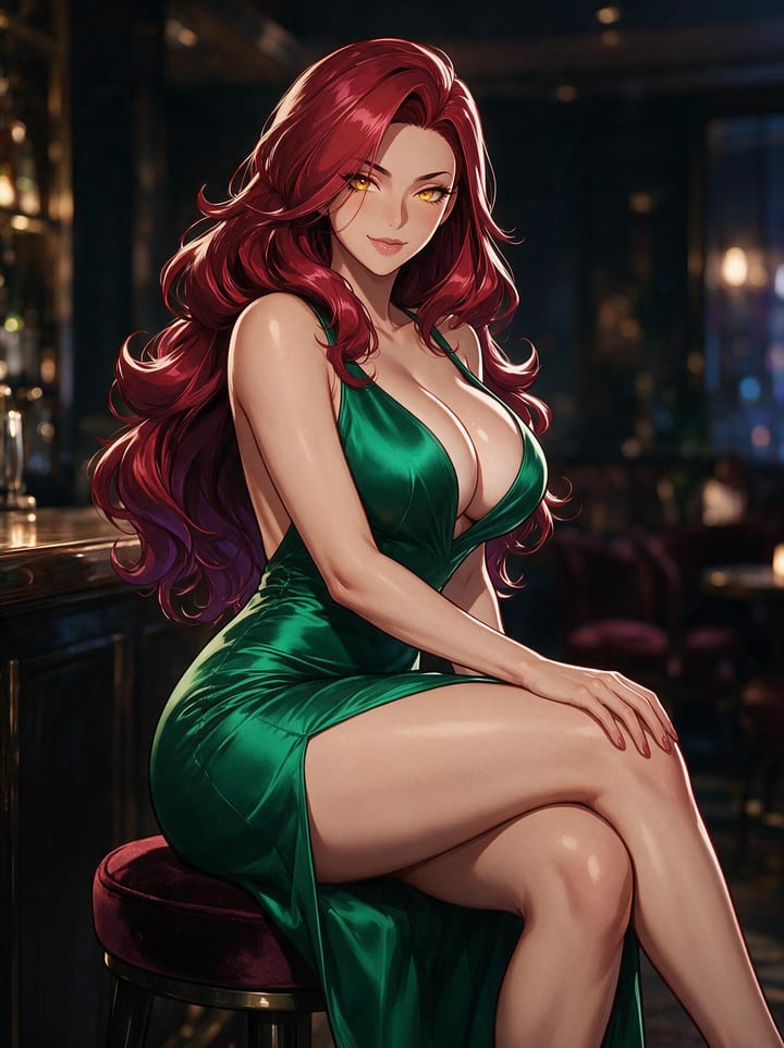Busty redhead anime girl Valentina in an emerald green satin halter dress sitting cross-legged on a velvet bar stool