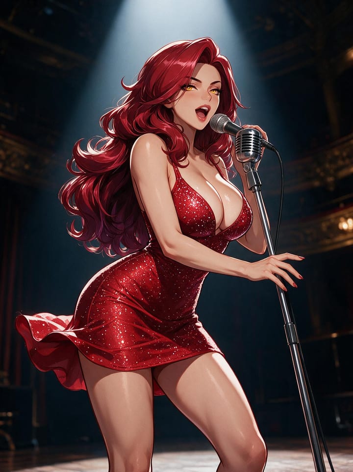 Busty redhead anime girl Valentina singing into a vintage microphone on stage in a red sequin mini dress under a spotlight
