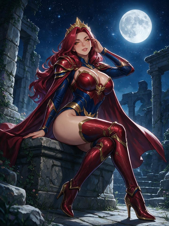 Busty redhead anime superheroine Valentina in red armor with a cape and tiara sitting on ancient ruins under a full moon